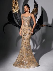 Women's Elegant Sleeveless Backless Mermaid Long Dress, With Sequin Embroidery And Contrast Mesh Design, Suitable For Evening Gala Spring - Champagne - View 5