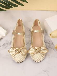 1 Pair Girls' Bow Decor Flat Shoes, Suitable For Spring And Autumn - Gold - View 4