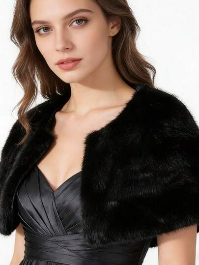 优雅仿毛皮披肩，柔软绒面材质，适合搭配婚纱和晚礼服，奢华正式派对披肩，新娘配饰，时尚设计深受时尚爱好者喜爱。
