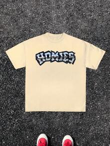 1pcs Homies Letter Print TShirt, Urban Style 100% Cotton TShirt Men's Graphic TShirt Summer Cool TShirt Perfect Gift For Family Or Friend, Casual Streetwear TShirt Men - Apricot - View 8