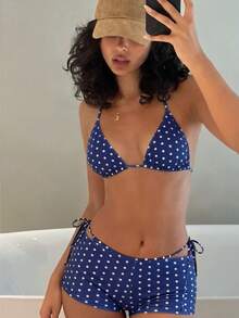 2026 Conjunto de 3 piezas de bikini con pantalones de tirantes con cordón y estampado de lunares para vacaciones de playa de verano para mujeres - azul real - Ver 3
