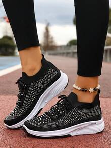 Zapatillas de plataforma de primavera para mujer con decoración de diamante de imitación, minimalistas, versátiles, casuales, cómodas y ligeras para el campus y el uso diario - Negro - Ver 4