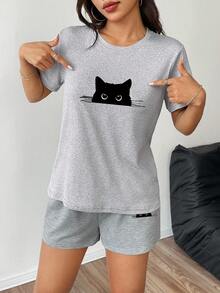 女士休闲T恤，简约图案设计，修身剪裁，短袖上衣 - 淺灰色 - 查看 5