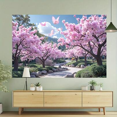 1pc Elegant Backdrop Banner, Designed With Cherry Blossom Forest, Suitable For Wedding, Birthday And Anniversary Wall Tapestry. Exquisite Decoration For Garden, Home And Events, Suitable For All Seasons.