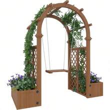Árbol de jardín de madera con cajas de plantador y columpio, 65 pulgadas al aire libre arco rejilla con pérgola para plantas de escalada uvas - Decoración del patio trasero, fiesta, bodas - Color de la madera - Ver 5