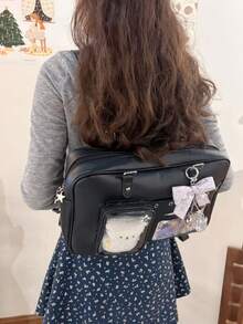 新款日系PU皮Y2K心形链条透明徽章包，休闲简约街头通勤多功能大容量单肩斜挎包，可收纳杂物、挂钥匙、存放明信片 - 黑色 - 查看 5