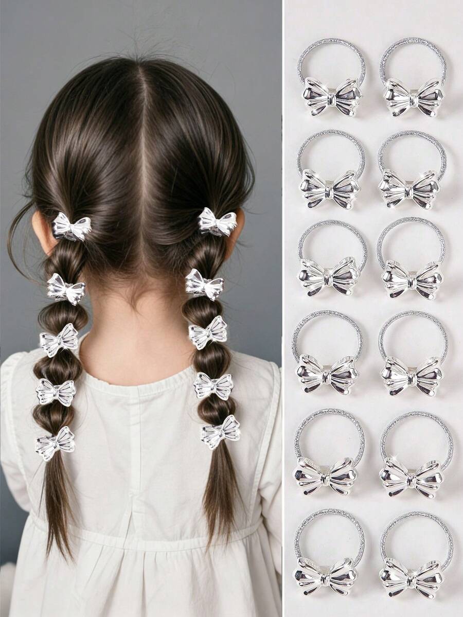 Bộ 10 chiếc dây buộc tóc nơ nhỏ, màu bạc sáng bóng, thiết kế đơn giản, phù hợp cho bé gái và phụ nữ có tóc mỏng, kiểu dáng công chúa dễ thương, đa năng dùng hàng ngày. - Nhiều màu - Xem 1