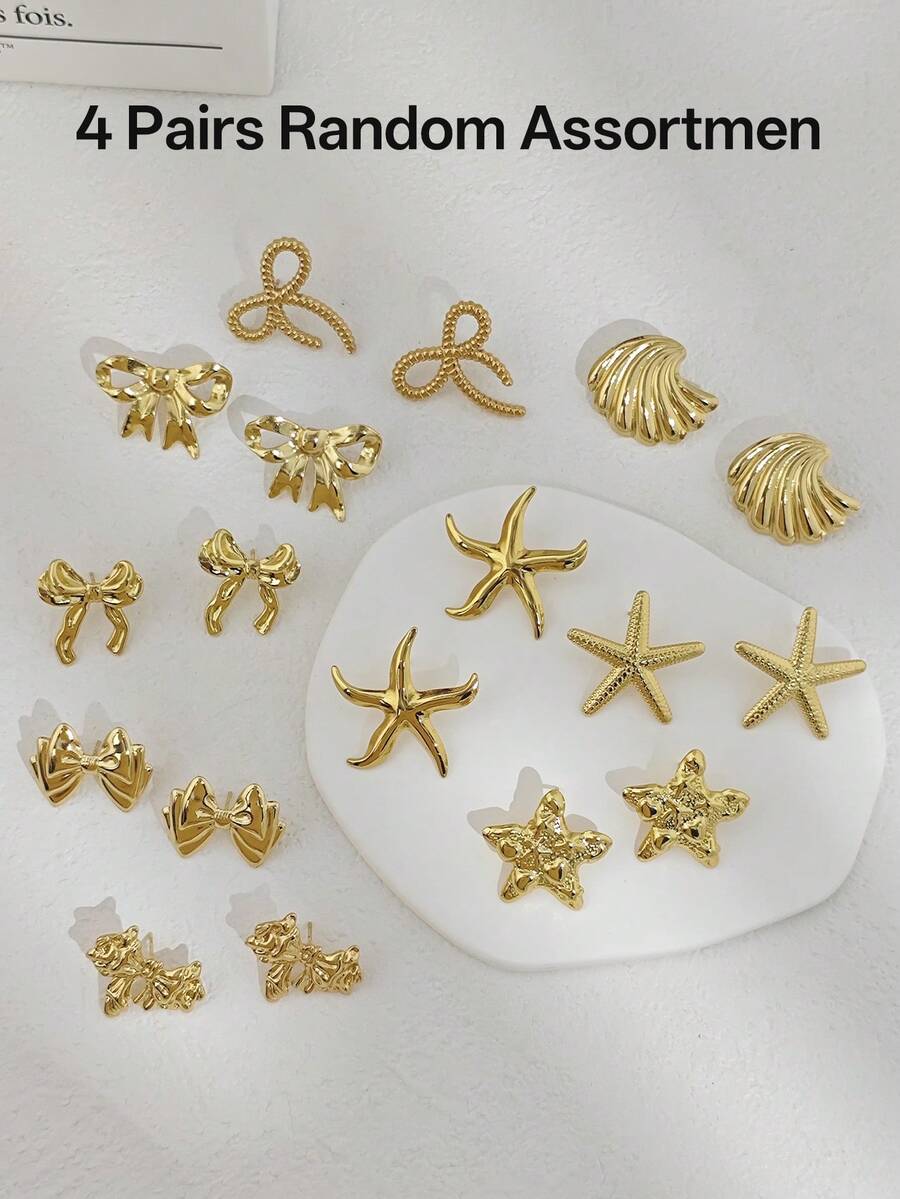 4 Pairs Assorted Stainless Steel Vintage Oversized Earring Set, Including Star, Shell, And Bow Designs, Elegant Gold-Tone Earrings Suitable For Weddings And Other Important Occasions