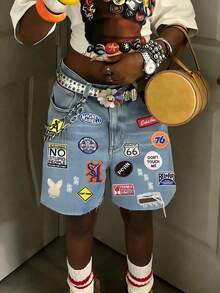 Y2K Streetwear Casual Retro Fashion Embroidered Denim Shorts, Summer Mid-Waist Washed Solid Color Denim Sexy Shorts - 輕洗 - 查看 10