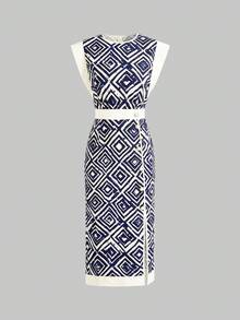 Women's Elegant Romantic Bohemian Vintage Geometric Sleeveless Round Neck Fitted Waist Zipper Back Slit Contrast Color Dress, Suitable For Spring And Summer - Multicolor - View 8