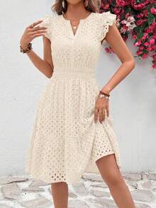 PRETTYGARDEN Women's Summer Dresses Eyelet Cap Sleeve V Neck Short Boho Wedding Guest Graduation Dress Beach Vacation Sundresses Dresses For Women - 米白色 - 查看 3