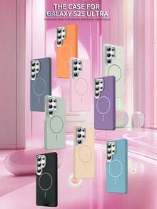 适用于三星 Galaxy S26 S25EDGE S24 S23FE S22 Ultra Plus A32 A52 A13 A23 A33 A53 A14 A24 A34 A54 A05 A05S A15 A25 A35 A55 A06 A16 A26 A36 A56 A07 A17 的奢华无线充电简约硬质 PC 磁吸手机壳，糖果色 - 粉色 - 查看 9