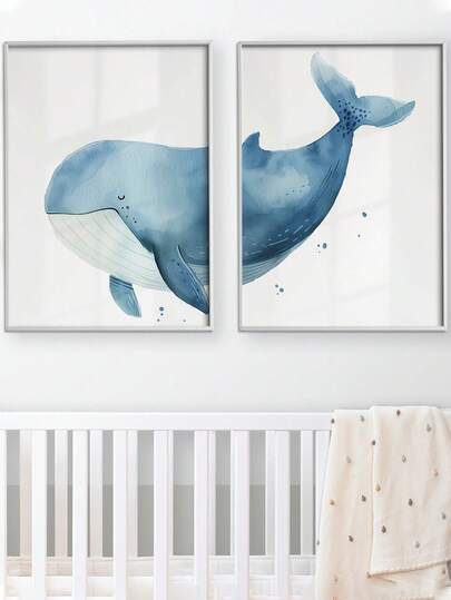 1pc Framed Canvas Wall Art, Whale Design Watercolor Painting, Minimalist Ocean Style Decor For Kids Room, Nursery, Playroom, Suitable For Children Bedroom, Girls Room, Boys Room