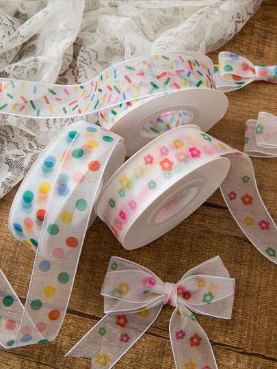 1 Rollo de cinta de satén con lunares de arcoíris, 25 yardas de cinta de empaque para cajas de regalo de dibujos animados, cinta decorativa, envolver regalos, ramos, manualidades florales, lazos
