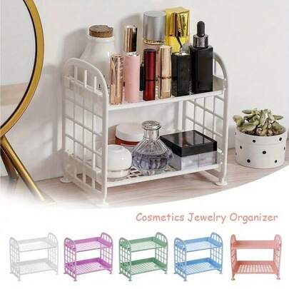 1 pieza Organizador de maquillaje de plástico blanco de doble capa hueco, adecuado para cuidado de la piel, oficina, cocina, dormitorio, baño, almacenamiento conveniente