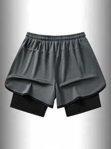 1pc Men's Sports Shorts, Summer Lightweight 2-In-1 Shorts With Mesh Fabric And Elastic Lining, Suitable For Workout, Running, Gym Use - Dark Grey - View 3