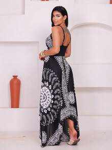Long  Dress With Printed Hem. - Black - View 4
