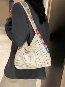 Yogodlns Minimalist Knit Shoulder Bag Boho Crochet Handbag Vintage Lace Hollow-Out Purse For Women Casual Crossbody Underarm Bag Fashion Mesh Crochet Shoulder Bags Casual Shopper Tote Bag Large Capacity Knitted Travel Purse And Handbag For Women - Beige - View 2