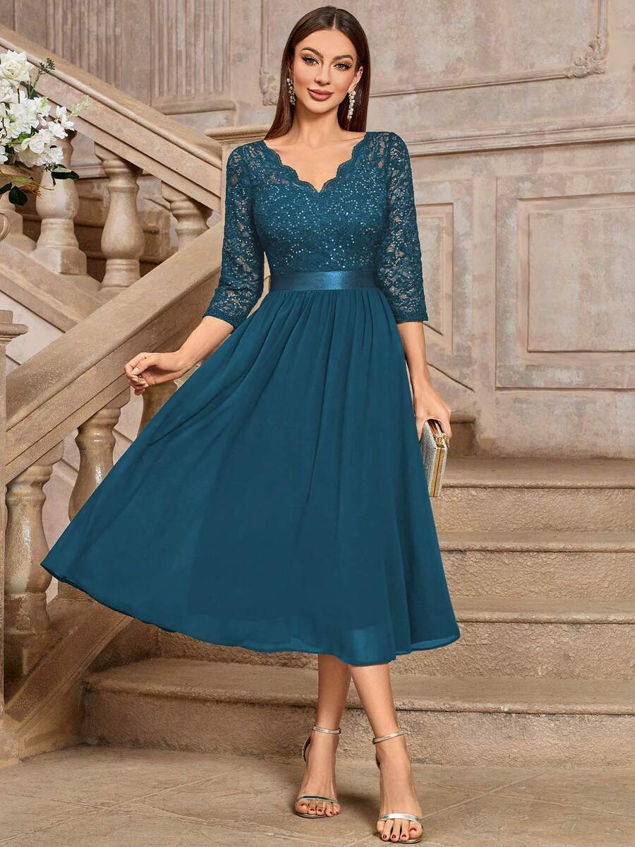 MIUSOL Đầm xòe tay lửng 3/4 bằng chiffon đính sequin hoa văn ren xếp ly, thanh lịch, thích hợp cho khách dự đám cưới, lễ tốt nghiệp, mùa xuân/hè, dáng chữ A dài đến đầu gối, trang phục ngày của Mẹ.