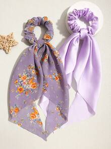 3pcs Floral & Solid Color Lightweight Triangular Scarf Hair Accessories, Casual Bohemian Vintage Palace Style Party Cute Street Fashion, Made Of Polyester, Suitable For All Seasons Beauty Home Bedroom Decor Hair Ties Scrunchy Hair Ties Ponytail Holders Holiday Accessories,Travel,Birthday - Lilac Purple - View 3