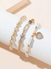 3件套米色女士简约时尚彩色水晶心形吊坠手链（珠子颜色随机） - 米色 - 查看 2