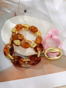 1pc Retro Elegant Resin Pig Nose Beaded Bracelet, Suitable For Women, Sisters Or Couples For Daily Wear, Dates, Parties, Holidays, Summer Beach Vacation Or As Gifts - Gold - View 5
