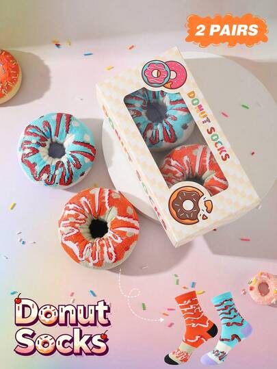 2 Pairs New Interesting Multi-Color Donut Mid-Calf Socks Gift Box, Spring/Summer New Unisex Sports Socks, Imaginative Food-Inspired Creative Design, Knitted Fabric, Long & Thick Soft & Comfortable, Perfect Gift For Birthday, Valentine's Day, Easter, Ramadan, Carnival, Dates, Parties, Holidays, Unique Quirky Daily Casual Wear Socks, Food-Themed Outfit, Suitable For All Seasons, Great Gift For Couples, Friends, Vacation, Outdoor Sports, Gym, Home, Office, Etc.