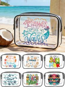 贝壳沙滩夏季字母图案多功能透明防水PVC包，旅行化妆包，旅行洗漱包，旅行洗漱包，主题沙滩包，男女通用，迎接夏天，商务旅行，浴室用品，旅行必备，邮轮必备，女士派对装扮（拉链款式随机） - 黑與白 - 查看 8