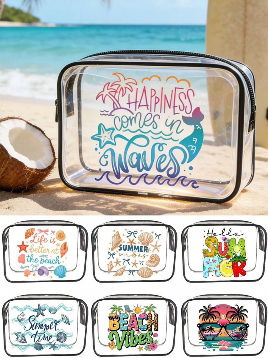 Seashell Beach Summer Letter Pattern Multifunctional Transparent Waterproof PVC Bag, Travel Cosmetic Bag, Travel Toiletry Pouch, Travel Wash Bag, Theme Beach Bag, Suitable For Men And Women, Hello Summer, Business Travel, Bathroom, Travel Essentials, Cruise Essentials, Women's Party Outfit (Zipper Style Random) - Black and White - View 1
