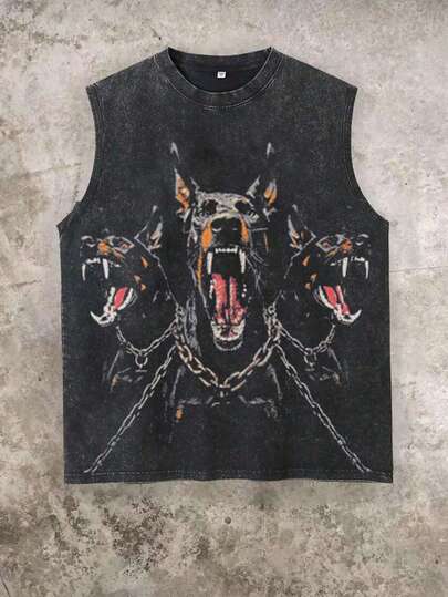 Men's Printed Vintage Washed Vest, Loose Fit, Casual Street Style, An Essential Everyday Item