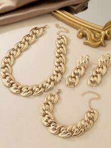 2pcs/Set Oversized Vintage Cuban Link Necklace & Earrings Set, Gold Chunky Chain Choker Necklace Pendant Earrings Jewelry Set, Suitable For Daily, Party, Wedding, Engagement, Mother's Day - Set - View 4