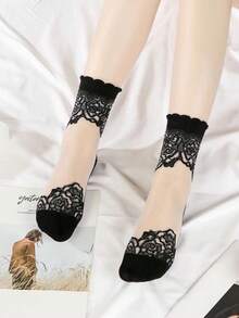 1/3/6 Pairs Women's Random Rose Lace Trim Breathable Comfortable Everyday Crystal Silk Stockings - Multicolor - View 2