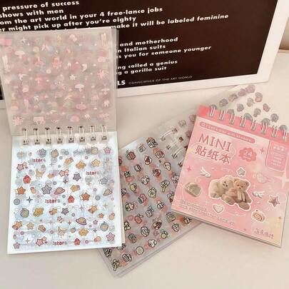 24张迷你贴纸册，包含可爱卡通装饰贴纸，防水PET材质，DIY剪贴簿贴纸套装。风格可爱，涵盖动物和甜点主题，迷你尺寸，易于撕取，适用于笔记本、子弹笔记、剪贴簿、礼品包装、日常日记装饰等。特别适合返校季、生日礼物、文具和手工爱好者。