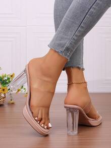 Transparent Strap Sandals, Sexy Crystal Chunky Heel High Heels Slides For Summer - Apricot - View 6