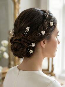6件套简约优雅水晶珍珠U型发夹，手工制作新娘伴娘婚礼发饰 - 彩色 - 查看 4