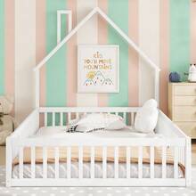 Upholstered Bed, 140 X 190 Cm, Children's Bed In The Shape Of A Chimney, Slatted Base (Mattress Not Included), Pine, Minimalist Style, White - White - View 2