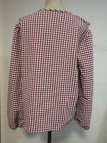 Chemise à manches longues avec col à volants pour femmes grandes tailles, col en V, boutons devant, rouge et pied-de-poule. Élégante et convient aux occasions décontractées et formelles (sans rembourrage), printemps - Rouge - Voir 7