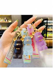 1个硅胶泰迪熊钥匙扣，可爱情侣生日礼物，汽车/包包挂件钥匙圈，卡通背包挂绳带证件套，圣诞礼物 - 彩色 - 查看 3