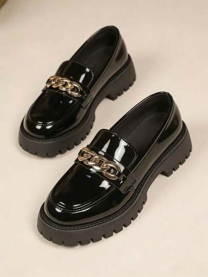 女士时尚乐福鞋，黑色厚底套脚鞋，经典圆头，舒适内衬，防滑鞋底，简约休闲平底鞋