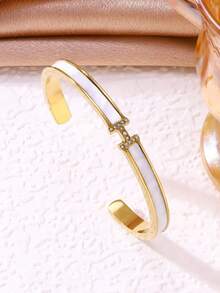 1pc Elegant Fashion Zirconia Letter H Open Bangle Bracelet, Women's Luxury Commuting Jewelry Accessory - H-shaped Diamond-encrusted Open Bangle - View 3