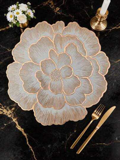 1/4/6/8/12pcs Rose Gold Floral PVC Placemats, Washable, Easy To Clean, Wipe-Clean, Non-Slip, Holiday Wedding Party Dining Table Decor, Valentine's Day Restaurant Home Accessories