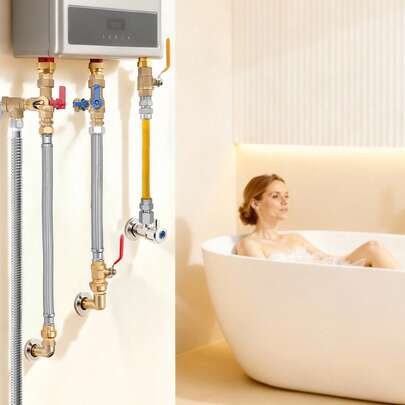 Water Heater Kit, Push-Fit Valve Flexible Water Heater Connector With 3/4" FIP X 1/2" PTC Ball Valve, Stainless Steel Braided Waters Heaters Supply Line For Bathroom, Kitchen, Laundry Room