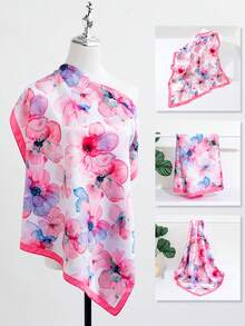 1pc New Floral Design Fashion Small Square Scarf, Versatile Headwear, Wristband, Neckwear Accessory With Flower Print - Multicolor - View 2