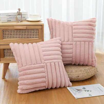 2pcs Artificial Fur Plush Decorative Throw Pillow Covers, Soft And Fluffy Waist Cushion Cover, Comfortable Fuzzy Striped Pillowcase, Suitable For Bedroom Bedding, Home Decoration, Sofa Decoration, Camping, Outdoor And Other Multiple Scenarios