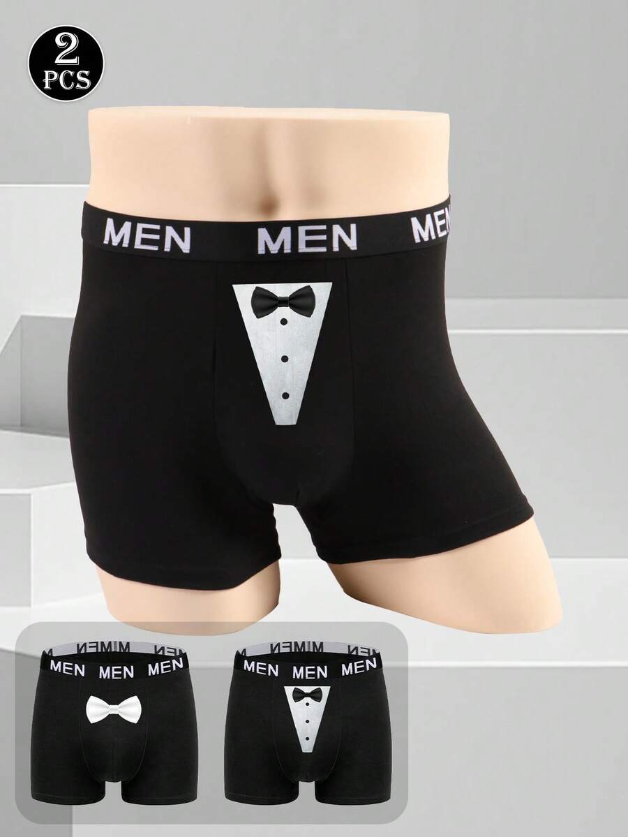 2 piezas Calzoncillos negros sencillos y de moda diaria para hombres, ropa interior con cintura elástica con estampado de moño sexy - Negro - Ver 1