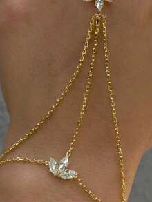 1pc Elegant Leaf Rhinestone Chain Linked Metal Gold Color Finger Ring Bracelet, Versatile For Daily, Party, Holiday Outfit Accessories For Women - Gold - View 5