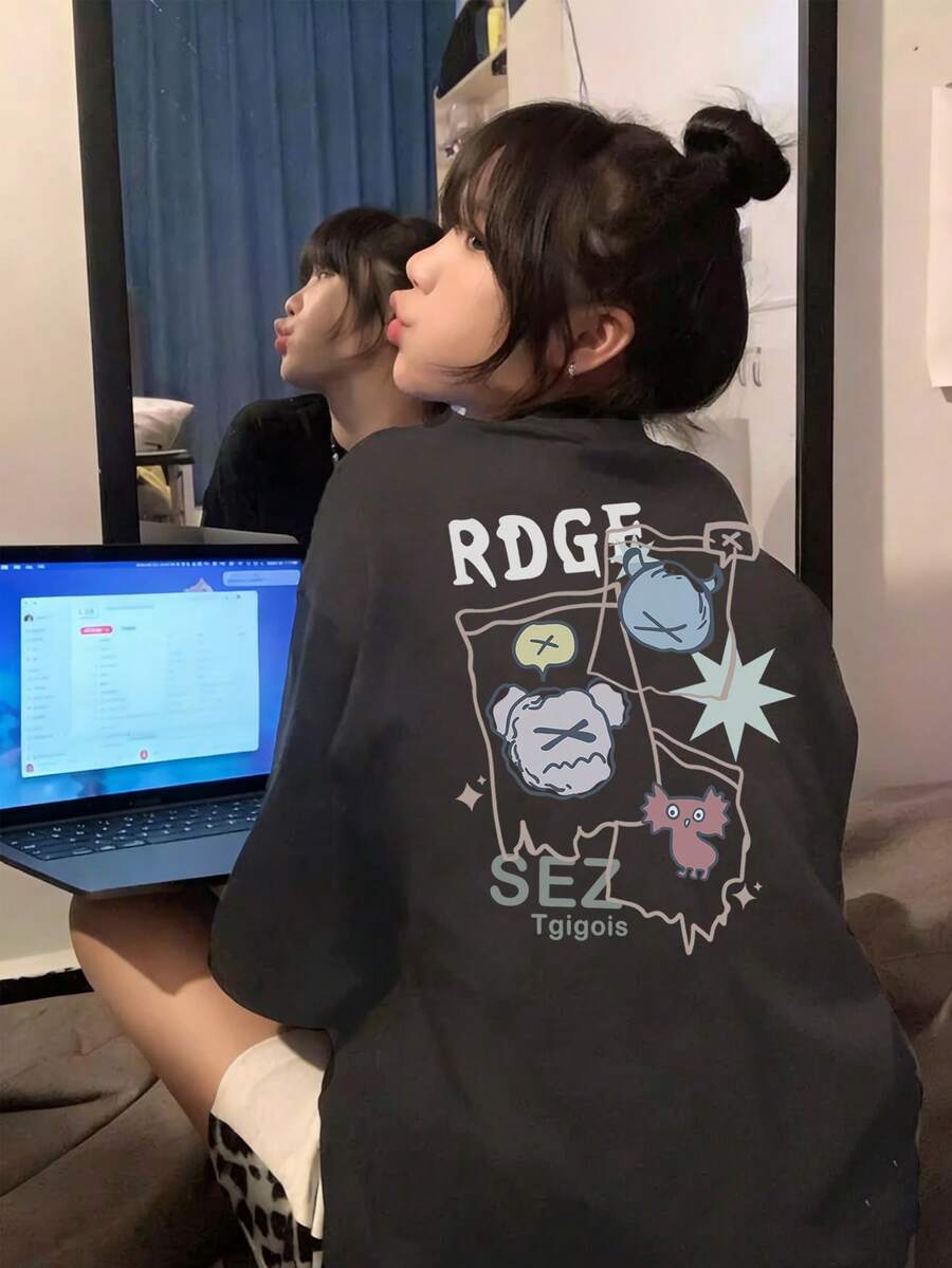 日系女式休闲宽松圆领卡通印花短袖纯棉T恤，春夏款 - 深灰色 - 查看 1