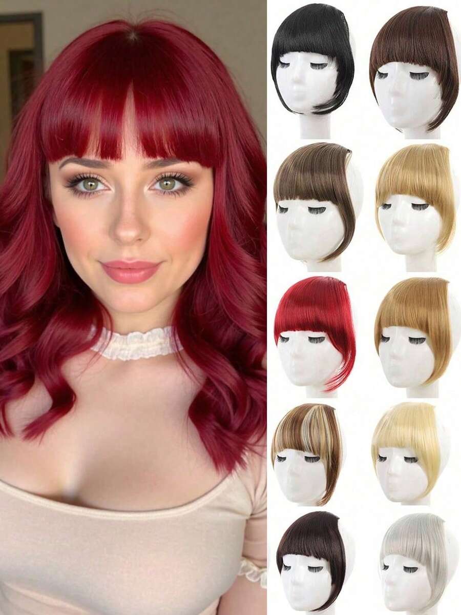 10 Pulgadas Extensiones de Cabello Sintético Rectas Naturales con Flequillo Clip-In