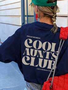 Áo thun nữ kiểu dáng thường ngày in khẩu hiệu "Cool Aunt Club", dáng rộng, tay ngắn, thích hợp cho các buổi họp mặt gia đình, ăn trưa với bạn bè và phong cách đường phố hàng ngày mùa hè. - Hải quân - Xem 6