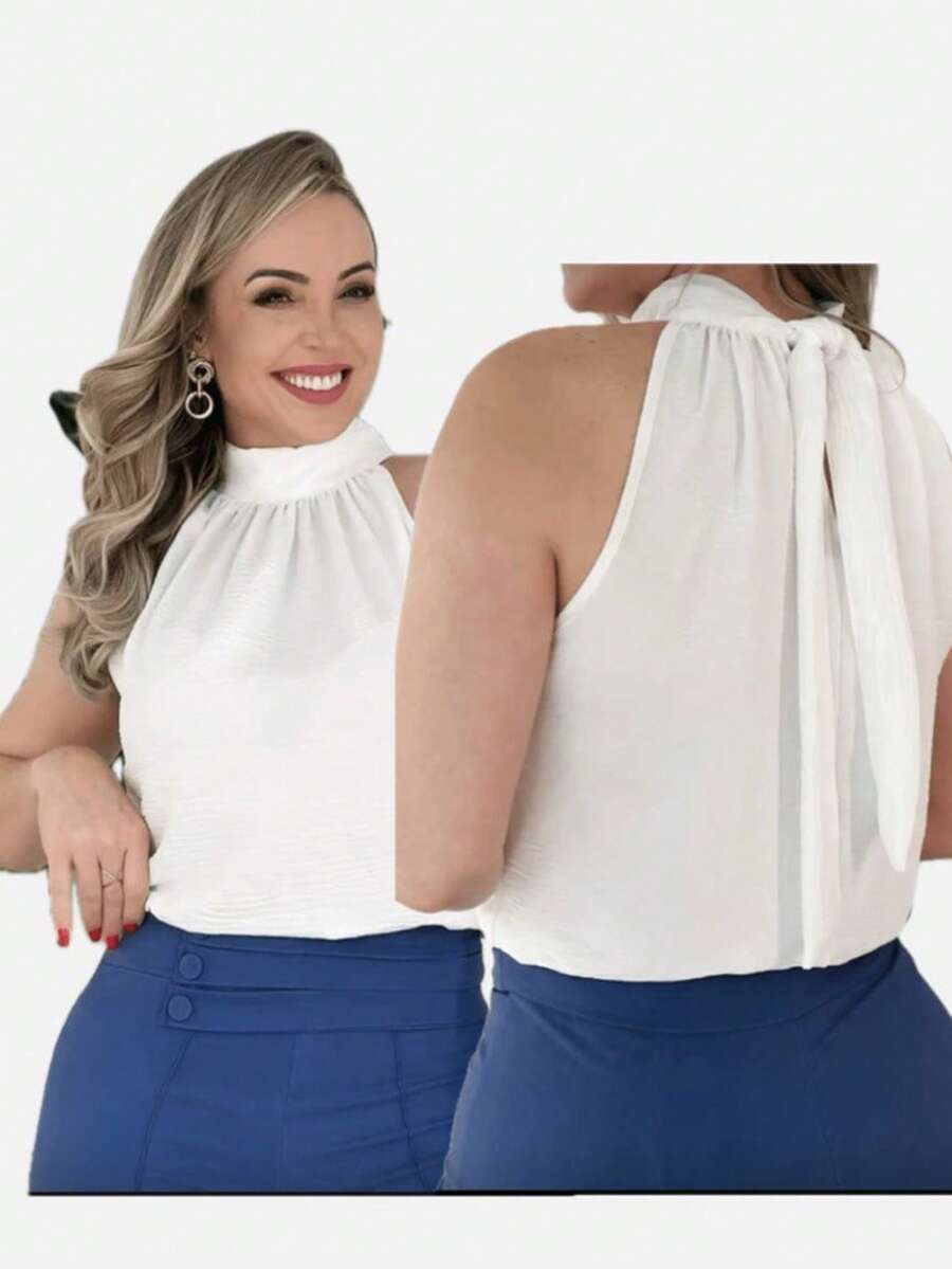 Women's Tank Top With High Neck And Ruched Detail - Summer Dune - White - View 1